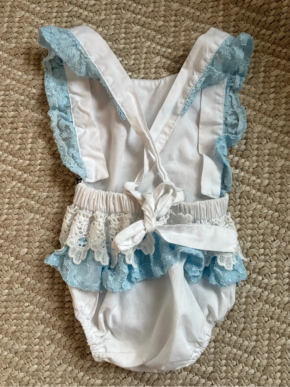 Baby Girls Light Blue Lace One-Piece Romper with Princess Print